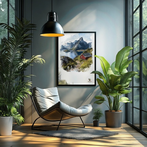 Plakat „Lofoty, wyspa zakotwiczona w niebie” – widok z góry na norweski port i fiordy