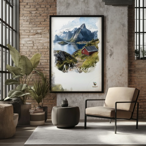 Plakat „Lofoty, wyspa zakotwiczona w niebie” – widok z góry na norweski port i fiordy