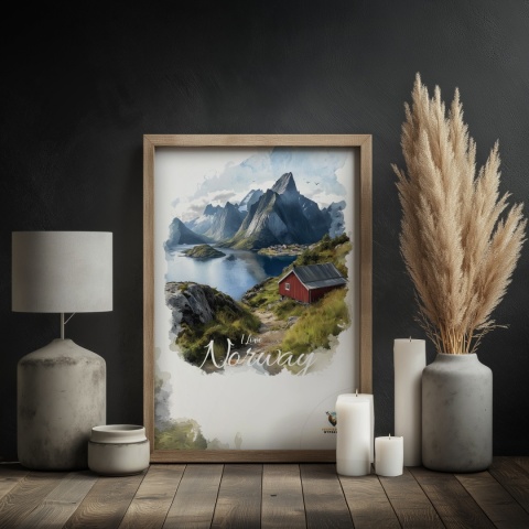 Plakat „Lofoty, wyspa zakotwiczona w niebie” – widok z góry na norweski port i fiordy