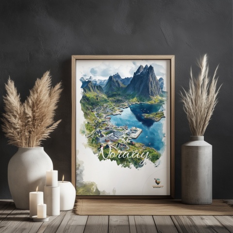 Plakat „Lofoty, szlak światła” – norweska ścieżka nad fiordem i czerwony domek