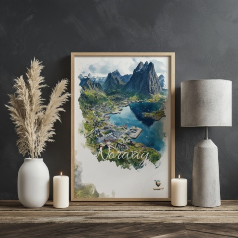 Plakat „Lofoty, szlak światła” – norweska ścieżka nad fiordem i czerwony domek