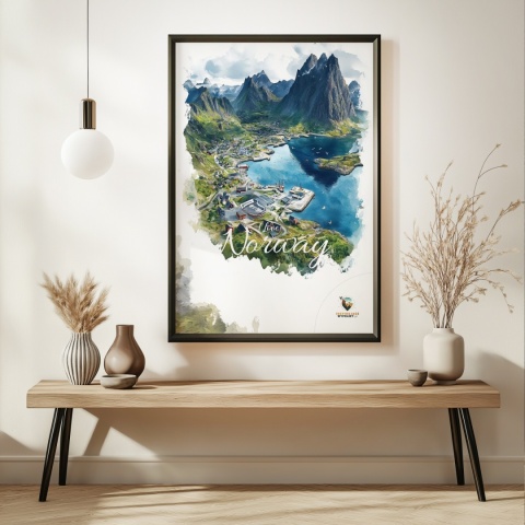 Plakat „Lofoty, szlak światła” – norweska ścieżka nad fiordem i czerwony domek