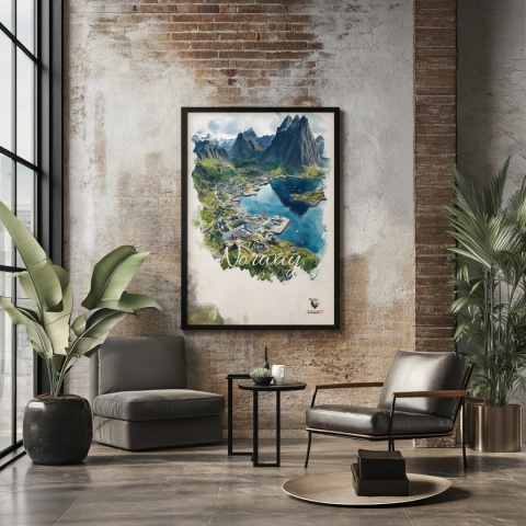 Plakat „Lofoty, szlak światła” – norweska ścieżka nad fiordem i czerwony domek