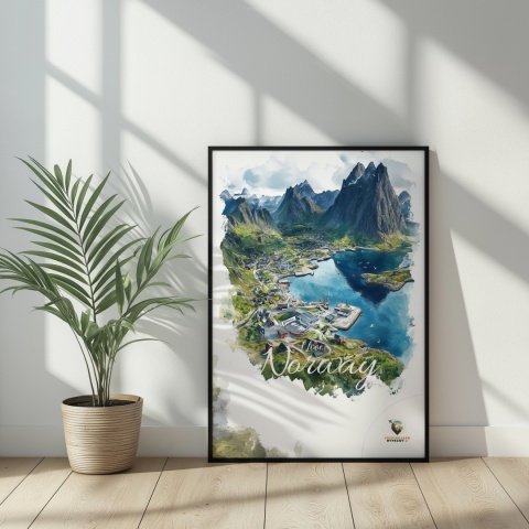 Plakat „Lofoty, szlak światła” – norweska ścieżka nad fiordem i czerwony domek