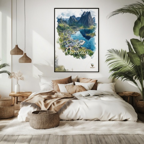 Plakat „Lofoty, szlak światła” – norweska ścieżka nad fiordem i czerwony domek