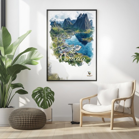 Plakat „Lofoty, szlak światła” – norweska ścieżka nad fiordem i czerwony domek