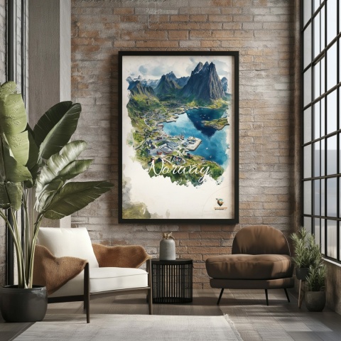 Plakat „Lofoty, szlak światła” – norweska ścieżka nad fiordem i czerwony domek