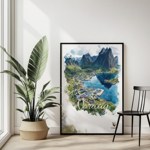 Plakat „Lofoty, szlak światła” – norweska ścieżka nad fiordem i czerwony domek