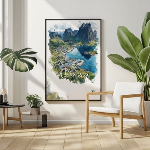 Plakat „Lofoty, szlak światła” – norweska ścieżka nad fiordem i czerwony domek