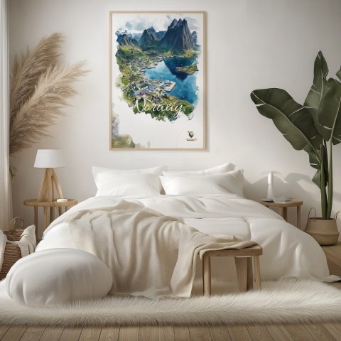 Plakat „Lofoty, szlak światła” – norweska ścieżka nad fiordem i czerwony domek