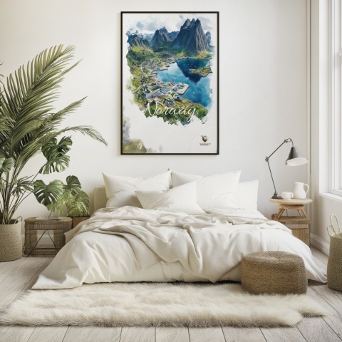 Plakat „Lofoty, szlak światła” – norweska ścieżka nad fiordem i czerwony domek