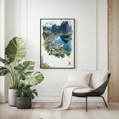 Plakat „Lofoty, szlak światła” – norweska ścieżka nad fiordem i czerwony domek