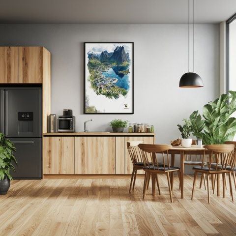 Plakat „Lofoty, szlak światła” – norweska ścieżka nad fiordem i czerwony domek