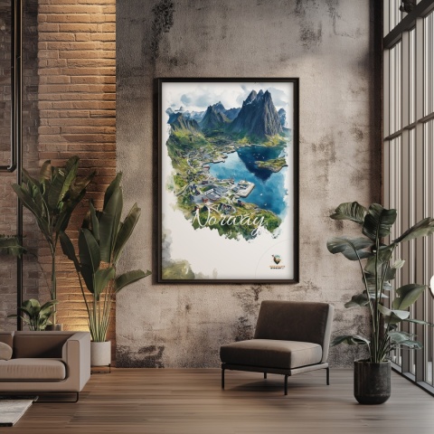 Plakat „Lofoty, szlak światła” – norweska ścieżka nad fiordem i czerwony domek