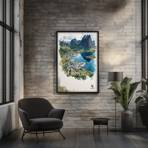 Plakat „Lofoty, szlak światła” – norweska ścieżka nad fiordem i czerwony domek