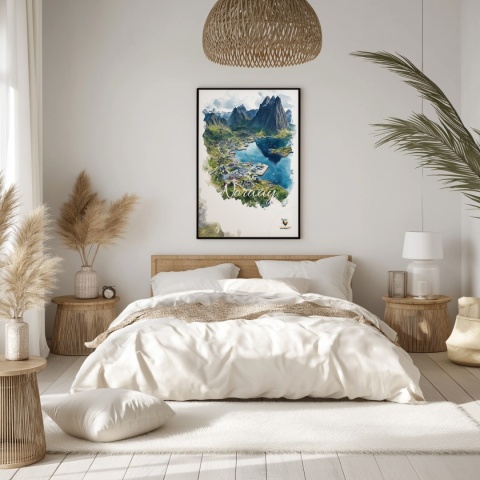 Plakat „Lofoty, szlak światła” – norweska ścieżka nad fiordem i czerwony domek