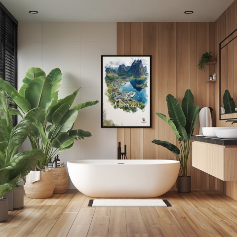 Plakat „Lofoty, szlak światła” – norweska ścieżka nad fiordem i czerwony domek