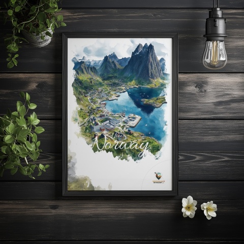 Plakat „Lofoty, szlak światła” – norweska ścieżka nad fiordem i czerwony domek