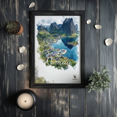 Plakat „Lofoty, szlak światła” – norweska ścieżka nad fiordem i czerwony domek