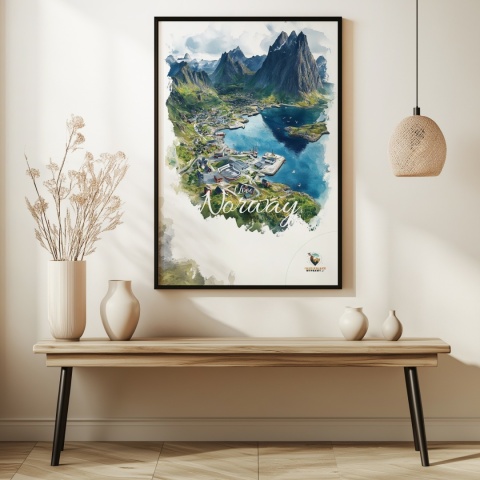 Plakat „Lofoty, szlak światła” – norweska ścieżka nad fiordem i czerwony domek