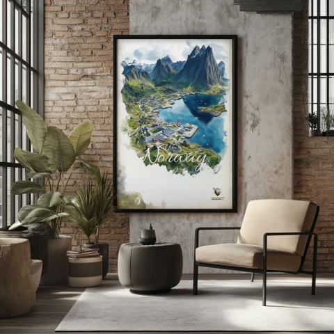 Plakat „Lofoty, szlak światła” – norweska ścieżka nad fiordem i czerwony domek