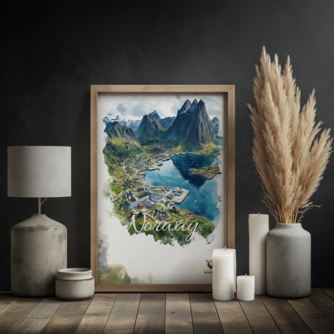 Plakat „Lofoty, szlak światła” – norweska ścieżka nad fiordem i czerwony domek