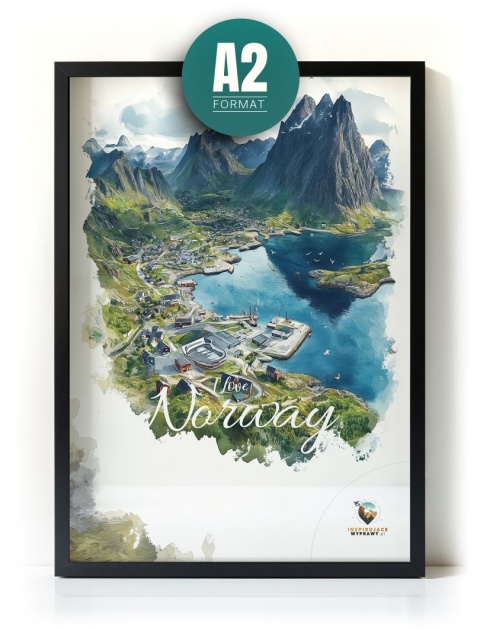 Plakat „Lofoty, szlak światła” – norweska ścieżka nad fiordem i czerwony domek