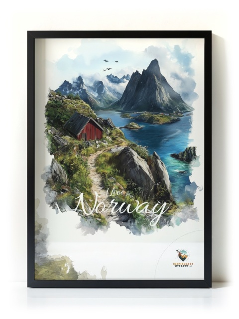 Plakat „Lofoty, skalne echo ciszy” – czerwony domek, góry i fiord w stylu akwarelowym