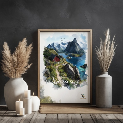 Plakat „Lofoty, skalne echo ciszy” – czerwony domek, góry i fiord w stylu akwarelowym