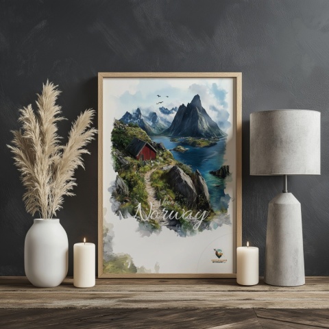 Plakat „Lofoty, skalne echo ciszy” – czerwony domek, góry i fiord w stylu akwarelowym