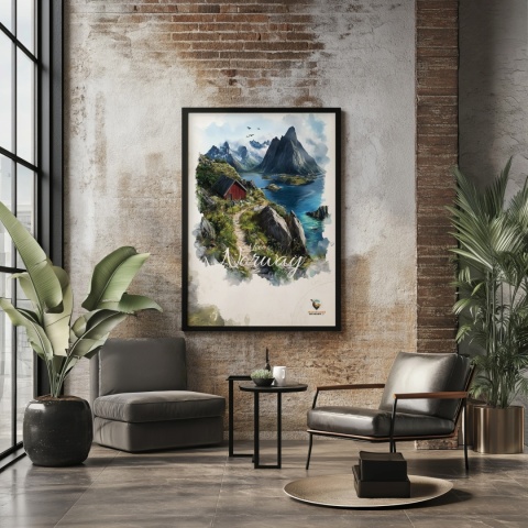 Plakat „Lofoty, skalne echo ciszy” – czerwony domek, góry i fiord w stylu akwarelowym