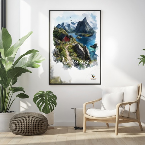 Plakat „Lofoty, skalne echo ciszy” – czerwony domek, góry i fiord w stylu akwarelowym