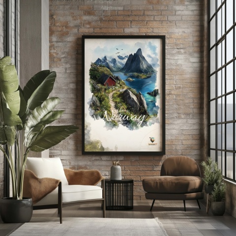 Plakat „Lofoty, skalne echo ciszy” – czerwony domek, góry i fiord w stylu akwarelowym