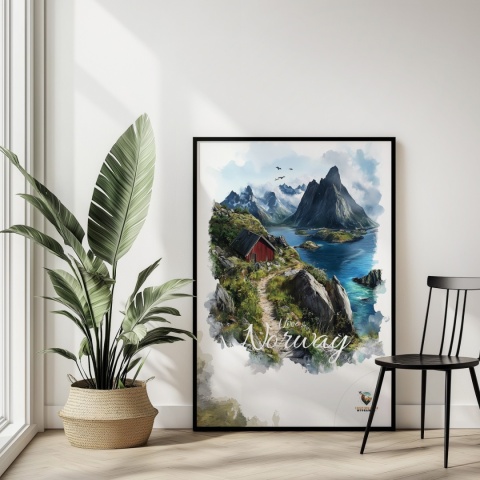 Plakat „Lofoty, skalne echo ciszy” – czerwony domek, góry i fiord w stylu akwarelowym