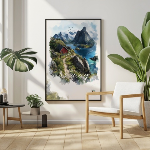 Plakat „Lofoty, skalne echo ciszy” – czerwony domek, góry i fiord w stylu akwarelowym