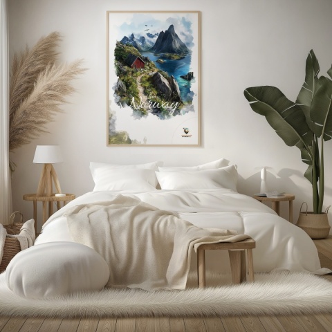 Plakat „Lofoty, skalne echo ciszy” – czerwony domek, góry i fiord w stylu akwarelowym