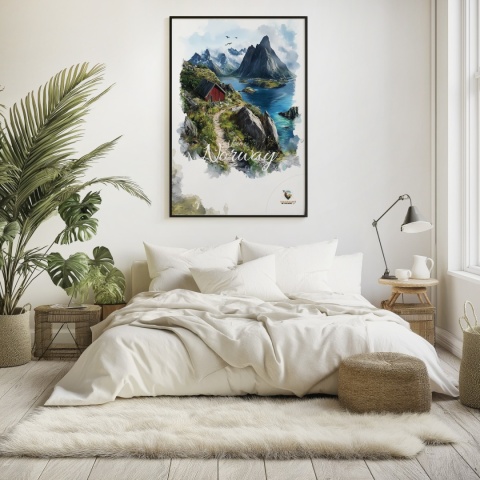 Plakat „Lofoty, skalne echo ciszy” – czerwony domek, góry i fiord w stylu akwarelowym