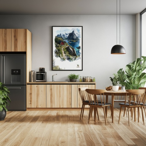 Plakat „Lofoty, skalne echo ciszy” – czerwony domek, góry i fiord w stylu akwarelowym