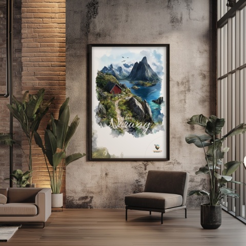 Plakat „Lofoty, skalne echo ciszy” – czerwony domek, góry i fiord w stylu akwarelowym