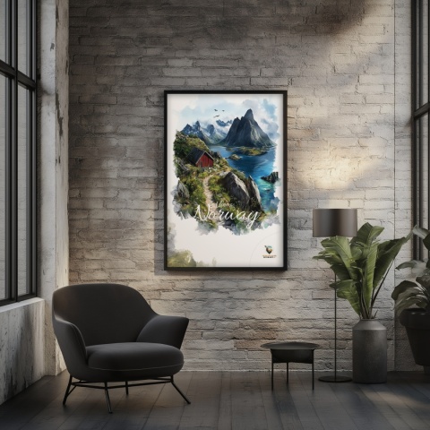 Plakat „Lofoty, skalne echo ciszy” – czerwony domek, góry i fiord w stylu akwarelowym