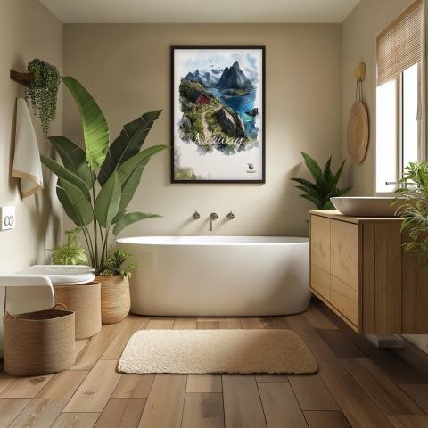 Plakat „Lofoty, skalne echo ciszy” – czerwony domek, góry i fiord w stylu akwarelowym