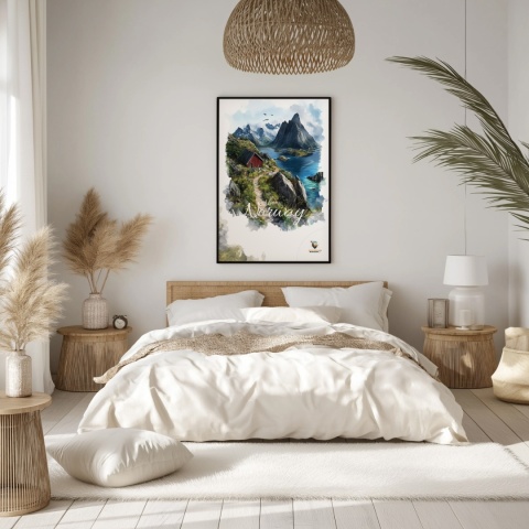 Plakat „Lofoty, skalne echo ciszy” – czerwony domek, góry i fiord w stylu akwarelowym