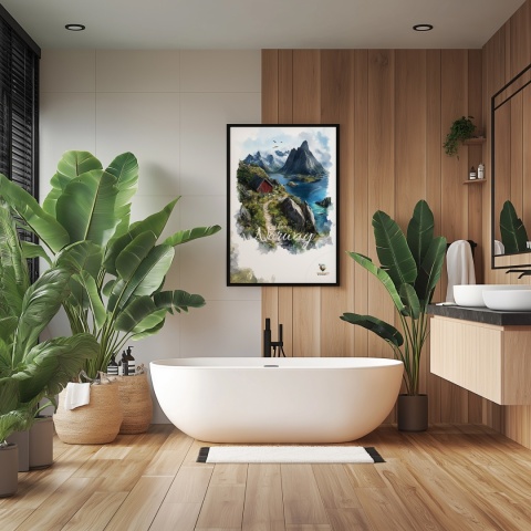 Plakat „Lofoty, skalne echo ciszy” – czerwony domek, góry i fiord w stylu akwarelowym