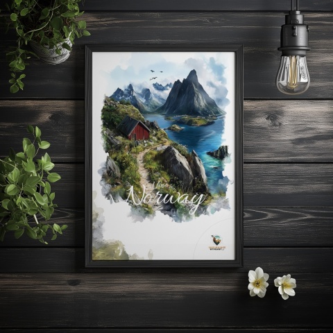 Plakat „Lofoty, skalne echo ciszy” – czerwony domek, góry i fiord w stylu akwarelowym