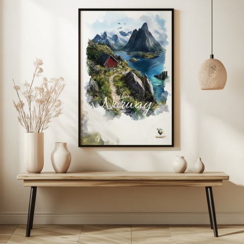 Plakat „Lofoty, skalne echo ciszy” – czerwony domek, góry i fiord w stylu akwarelowym