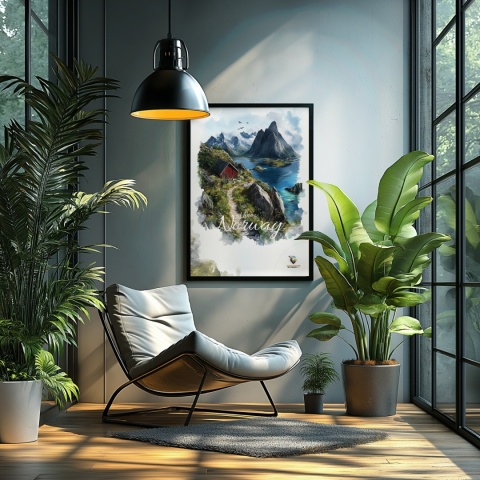 Plakat „Lofoty, skalne echo ciszy” – czerwony domek, góry i fiord w stylu akwarelowym