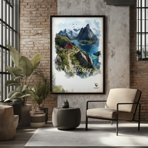 Plakat „Lofoty, skalne echo ciszy” – czerwony domek, góry i fiord w stylu akwarelowym