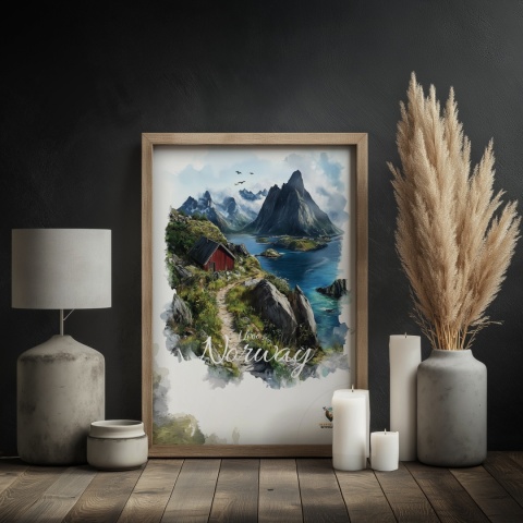 Plakat „Lofoty, skalne echo ciszy” – czerwony domek, góry i fiord w stylu akwarelowym