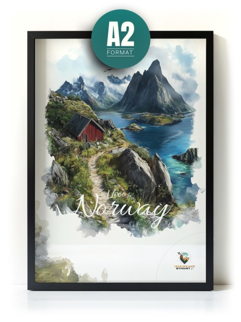 Plakat „Lofoty, skalne echo ciszy” – czerwony domek, góry i fiord w stylu akwarelowym